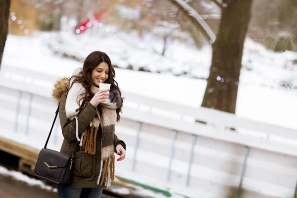 Junge Frau Trinkt Tee Oder Kaffee Über Winter Natur Hintergrund — Stockfoto