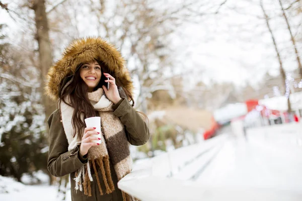 年轻女子的肖像在雪公园喝茶 — 图库照片