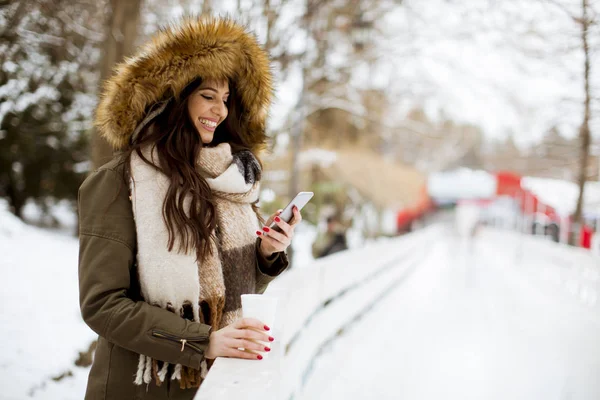 Portret Młodej Kobiety Snowpark Pije Herbatę — Zdjęcie stockowe