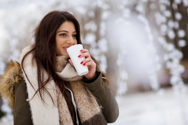 年轻女子的肖像在雪公园喝茶 — 图库照片