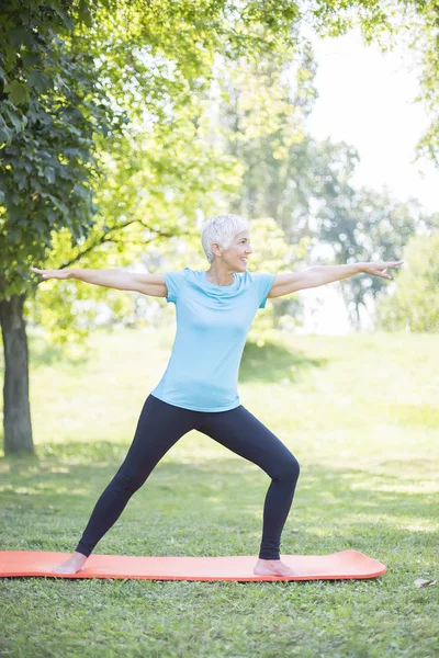 Senior Dames Lichaam Flexibiliteit Verbeteren Door Strekken Het Park — Stockfoto
