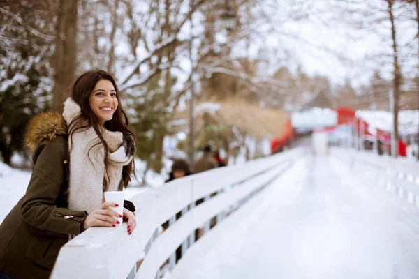 Giovane Donna Che Beve Caffè Sfondo Natura Invernale All Aperto — Foto Stock