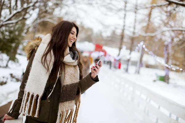 Retrato Una Joven Sonriente Con Teléfono Celular Invierno Aire Libre —  Fotos de Stock