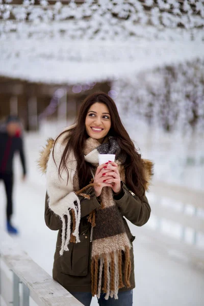 Ritratto Giovane Donna Uno Snowpark Beve — Foto Stock
