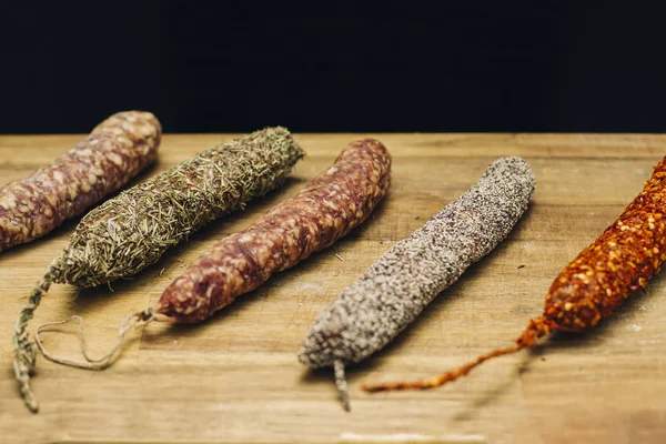 Variety French Dried Sausages Auvergne Wooden Table — Stock Photo, Image