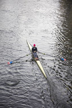 Hannover, Almanya - 27 Ekim 2018: Hannover, Almanya'nın kürek kimliği belirsiz bir kadın. Maschsee Gölü sayesinde IHME ve Leine Hanover barındıran birçok Kürek Kulübü.