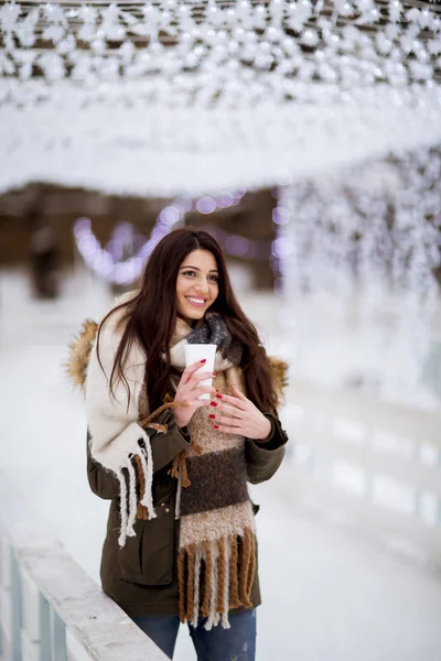 Porträt Einer Jungen Frau Snowpark Trinkt Tee — Stockfoto