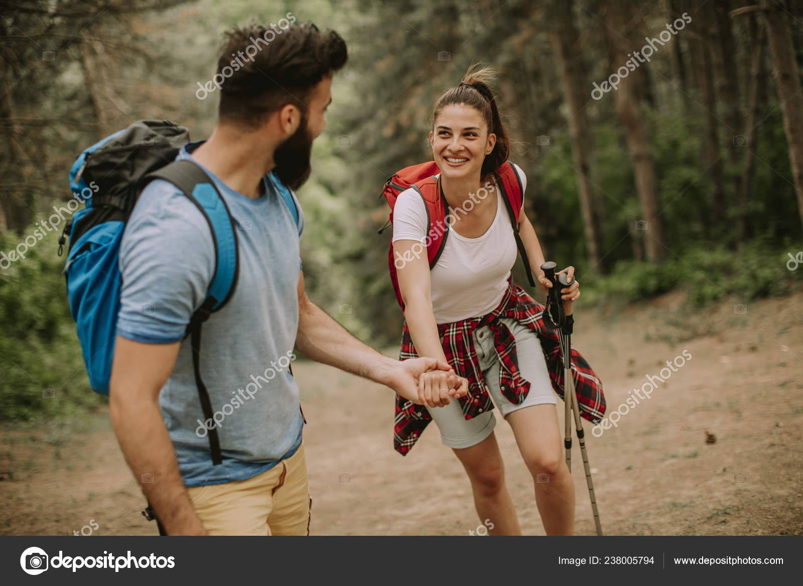 Young Couple Enjoying Hiking Nature Hands Laughing Stock Photo by ©boggy22 238005794