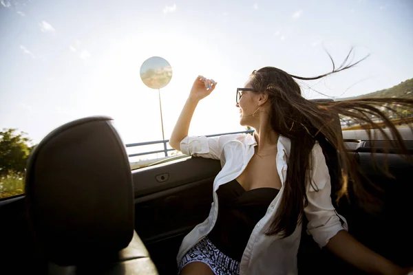 View Young Attractive Woman Drive Cabriolet Seaside — Stock Photo, Image