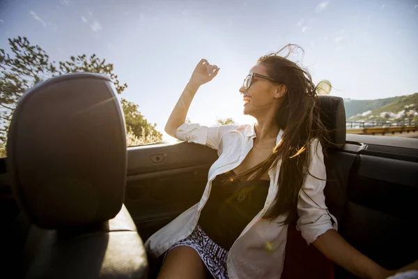 View Young Attractive Woman Drive Cabriolet Seaside — Stock Photo, Image