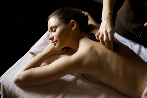 Beautiful Young Woman Having Her Shoulder Body Massaged Hot Stones — Stock Photo, Image