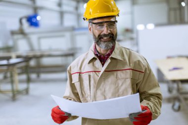 Fabrikada bir plan bakarak yakışıklı olgun mühendisi