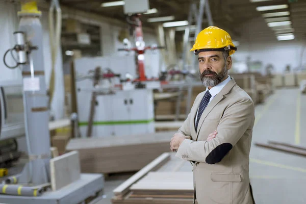 Retrato Hombre Negocios Guapo Mayor Traje Con Casco Almacén — Foto de Stock