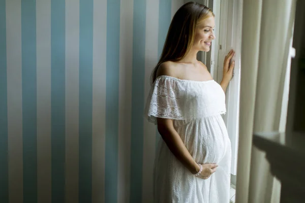 Pretty Young Pregnant Woman Standing Window — Stock Photo, Image