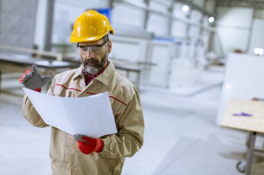 Fabrikada bir plan bakarak yakışıklı olgun mühendisi