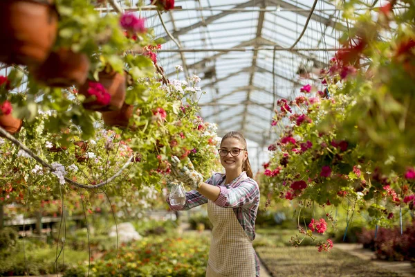 Sera içinde bahar çiçekleri ile çalışan genç ve güzel kadın