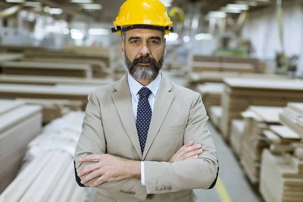 Portrait Senior Handsome Businessman Suit Helmet Warehouse — Stock Photo, Image