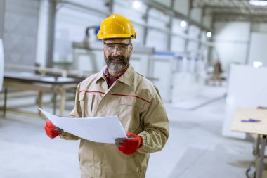Fabrikada bir plan bakarak yakışıklı olgun mühendisi