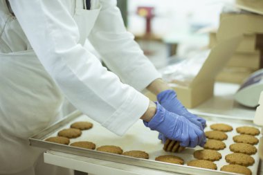 Koruyucu giysiler çerezleri fabrikasında çalışmaya workier