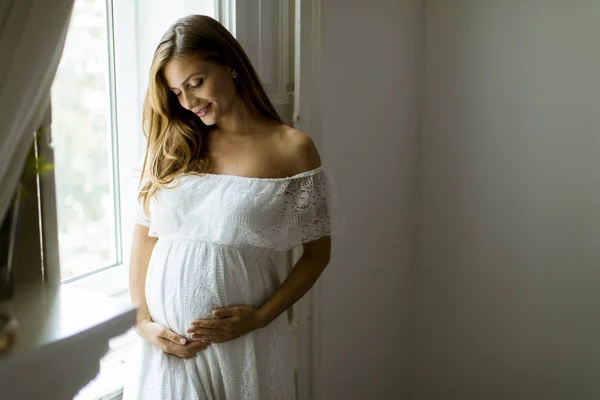 Pretty Young Pregnant Woman Standing Window — Stock Photo, Image