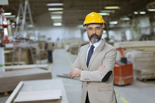 Retrato Hombre Negocios Guapo Mayor Traje Con Casco Almacén — Foto de Stock