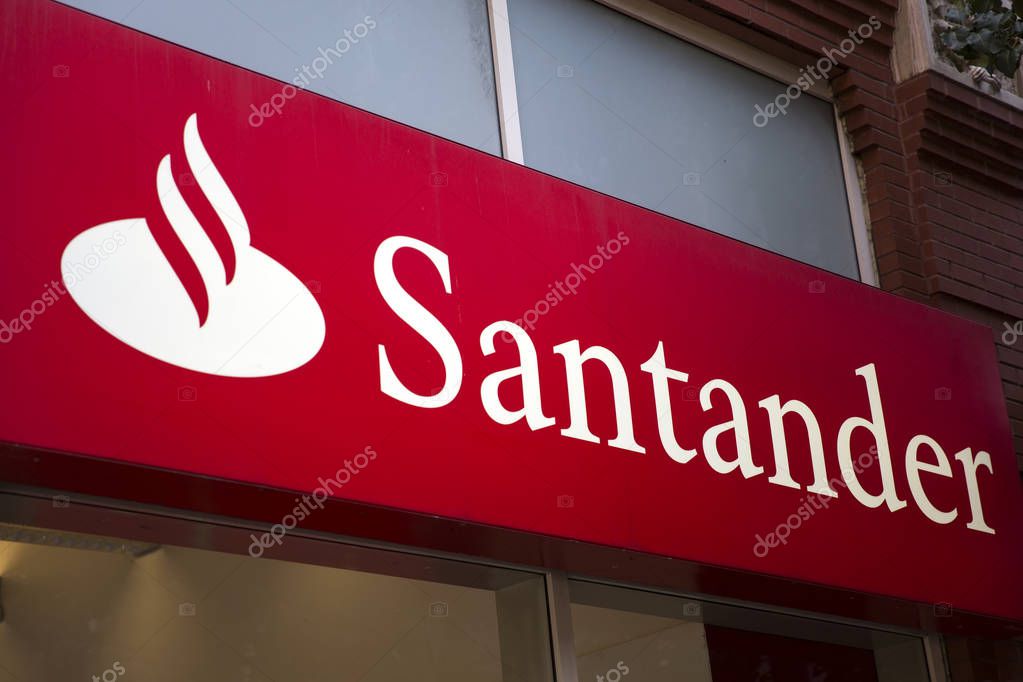NEW YORK, USA - AUGUST 24, 2017: Detail of the Santander bank in New York City. It is Eurozone largest bank and 6th largest company in the world
