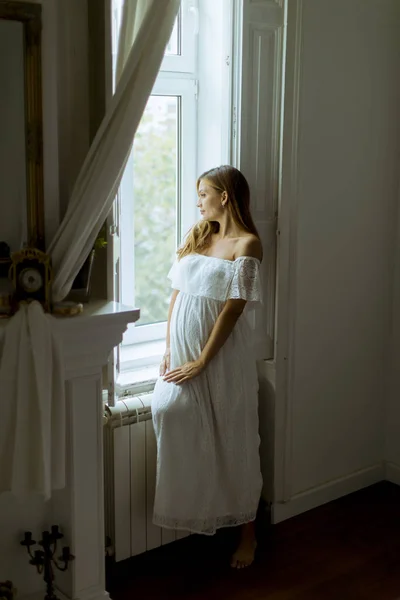 Pretty Young Pregnant Woman Standing Window — Stock Photo, Image