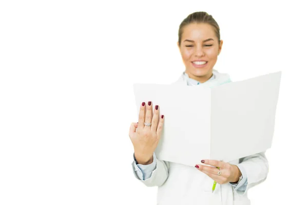 Portrait Cheerful Female Doctor Reading Results Isolated White — Stock Photo, Image