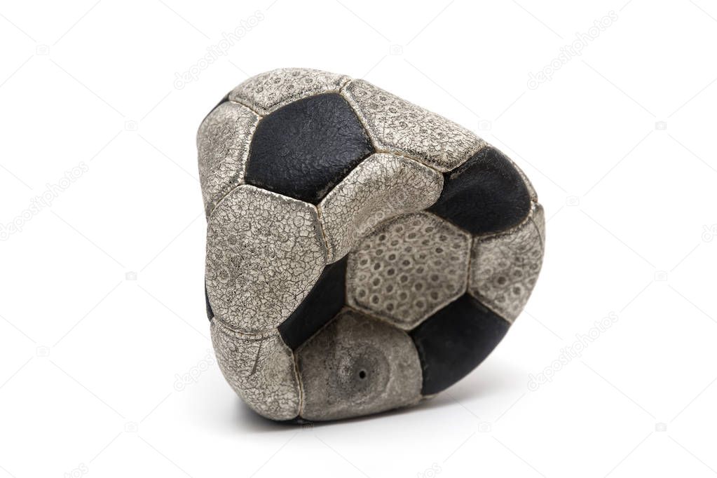 Close up view at old football ball isolated on white