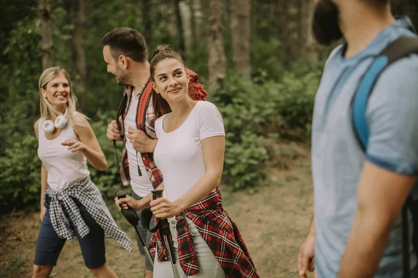 Grup Dört Arkadaşıyla Birlikte Bir Orman Yoluyla Güneşli Gün Hiking — Stok fotoğraf