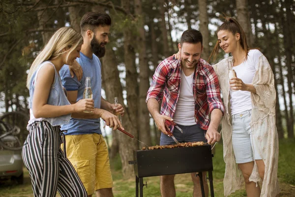 Grupa Młodych Ludzi Korzystających Grill Party Naturze — Zdjęcie stockowe