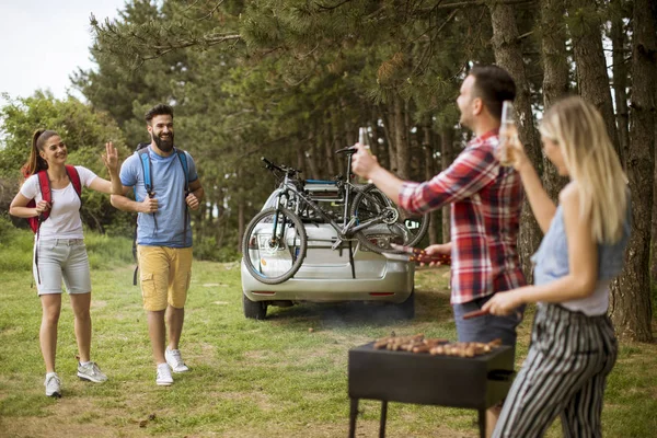 Group of young people enjoying barbecue party in the nature