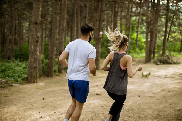 Vestibilità Sana Coppia Sportiva Che Corre Nella Natura Durante Giornata — Foto Stock