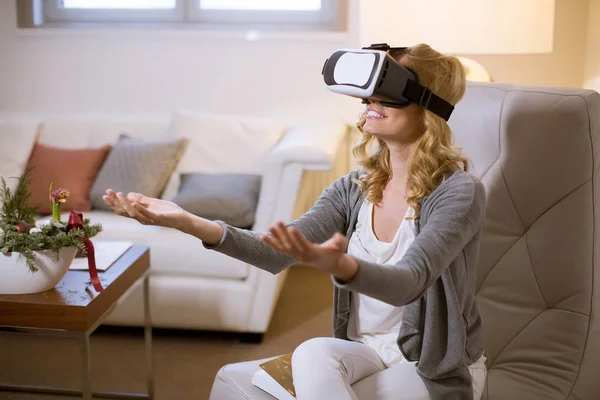 Cheerful Young Woman Playing Video Games Virtual Reality Googles Home — Stock Photo, Image
