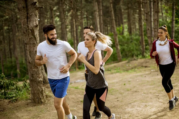 Jóvenes Corren Una Maratón Por Bosque — Foto de Stock