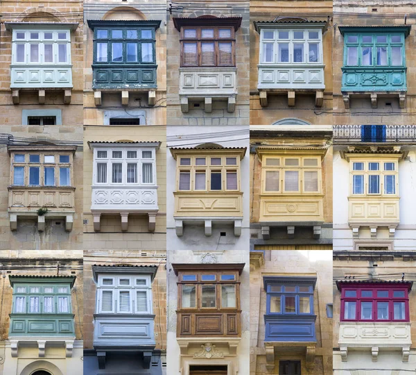 Uppsättning Traditionell Balkong Fönster Byggnad Från Malta — Stockfoto