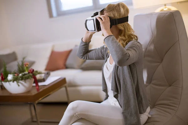 Cheerful Young Woman Playing Video Games Virtual Reality Googles Home — Stock Photo, Image