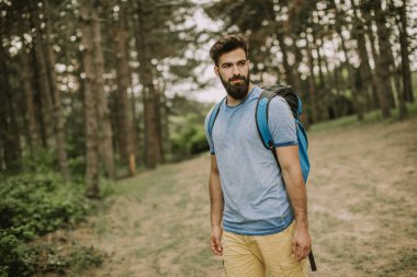 Etkin sağlıklı adam ormanda yaz gününde hiking