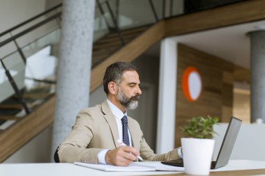 Modern ofis içinde laptop üzerinde çalışan yakışıklı üst düzey iş adamı gri saç