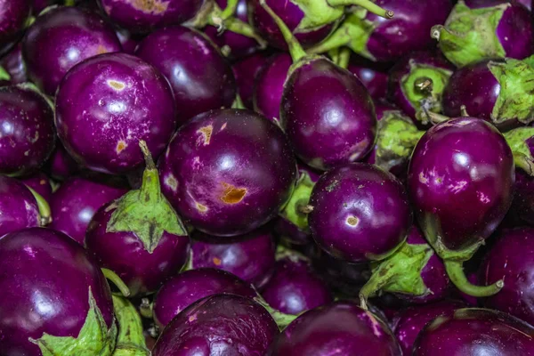 Fresh Purple Eggplants Vegetables Food Ingredients Selling Market — Stock Photo, Image