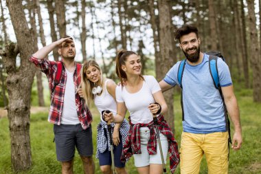 Grup dört arkadaşıyla birlikte bir orman yoluyla güneşli gün hiking