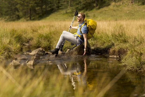 Handsome Young Hiker Sitting Resting Next Mountain River — Stock Photo, Image