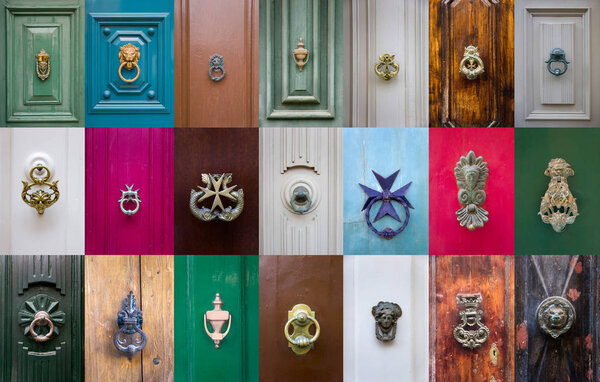 Set of decorative door knockers on a wooden doors from Malta