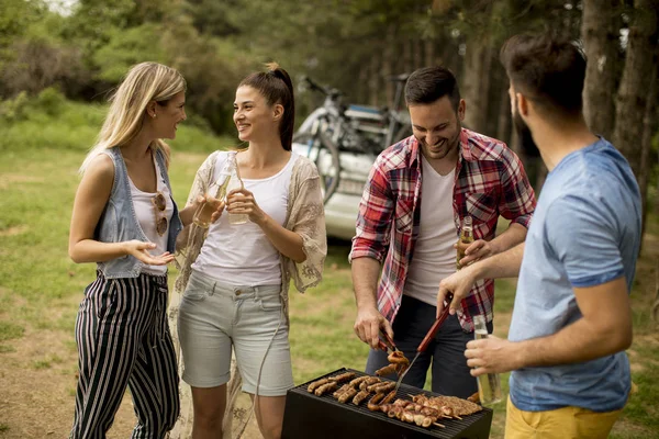 Grupo Jovens Desfrutando Churrasco Natureza — Fotografia de Stock