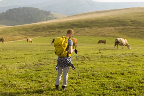 Kırsal Kesimde Hiking Mutlu Yakışıklı Genç Kızıl Saçlı Adam Görünümünü — Stok fotoğraf