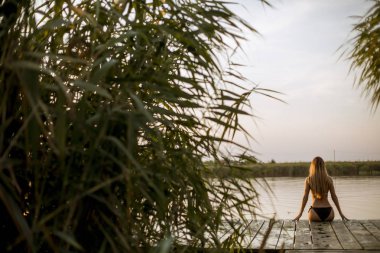 Gölde bir iskelede oturan bikini çekici genç kadın geri görünüm
