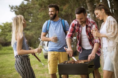 Bir grup genç insan Barbekü partisi doğada zevk