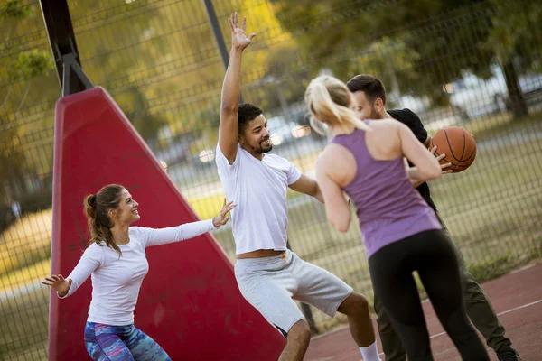 Group Multiracial Young People Playing Basketball Court Outdoors — Stock Photo, Image