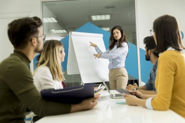 Kendinden emin genç takım lideri, küçük başlangıç ofisinde flip chart'a göre gruplandırılan bir grup genç iş arkadaşına sunum yapıyor
