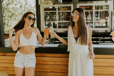 İki güzel genç kadın coctails içme ve sıcak yaz gününde havuz başında eğlenmek